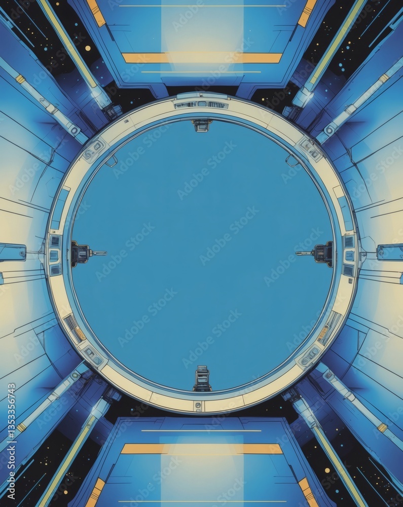 Poster a unique circular window in a futuristic spacecraft, offering a view of a vast, blue space