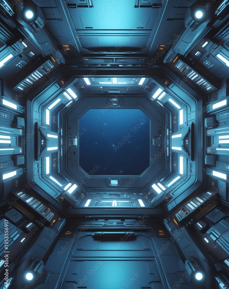 Aufkleber a futuristic spaceship corridor with a view of the stars