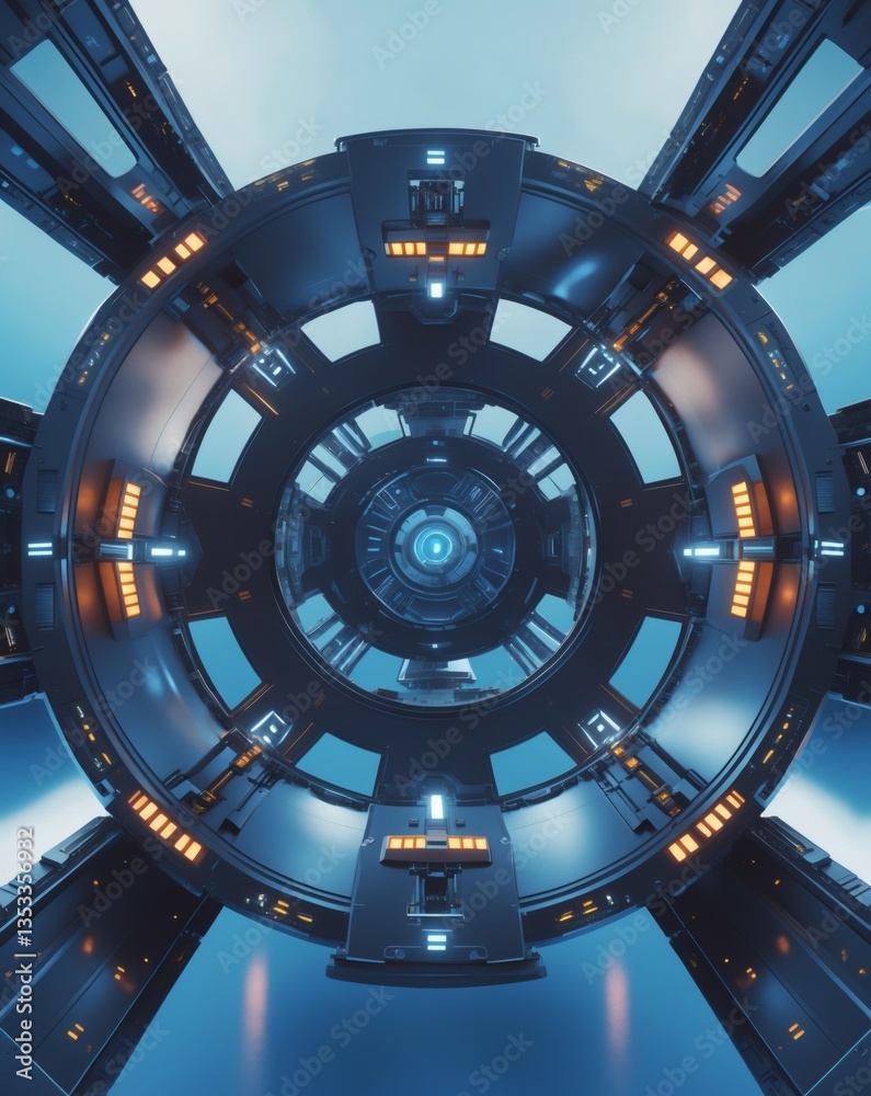 Poster a futuristic spaceship interior design with glowing lights and technology. The image evokes a sense of innovation and advanced technology.