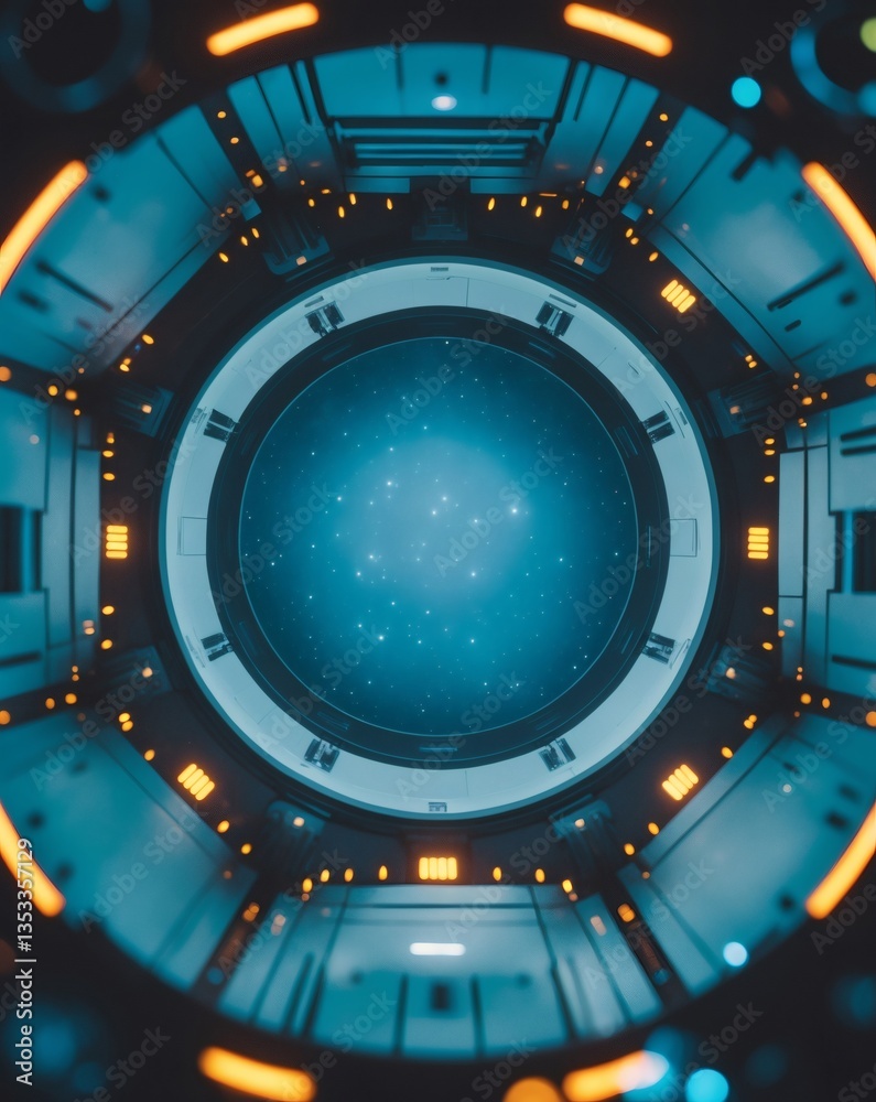 Poster a spacecraft window looking out into space, with the stars visible. The window has a circular design with advanced technology