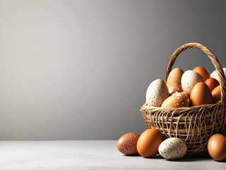 Wicker basket filled with assorted brown and speckled eggs on a light grey surface against a muted grey background creating a rustic atmosphere