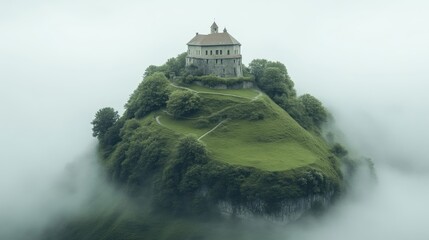 Misty mountaintop castle. Lush green hilltop with ancient stone castle nestled in a sea of fog