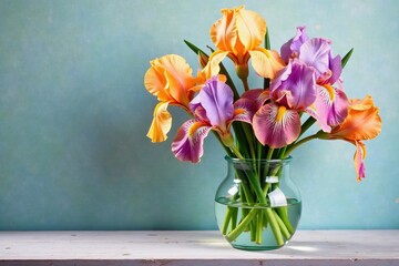 Obraz premium Beautiful still life of irises in glass vase with textured brush strokes, impressionism, elegance, arrangement