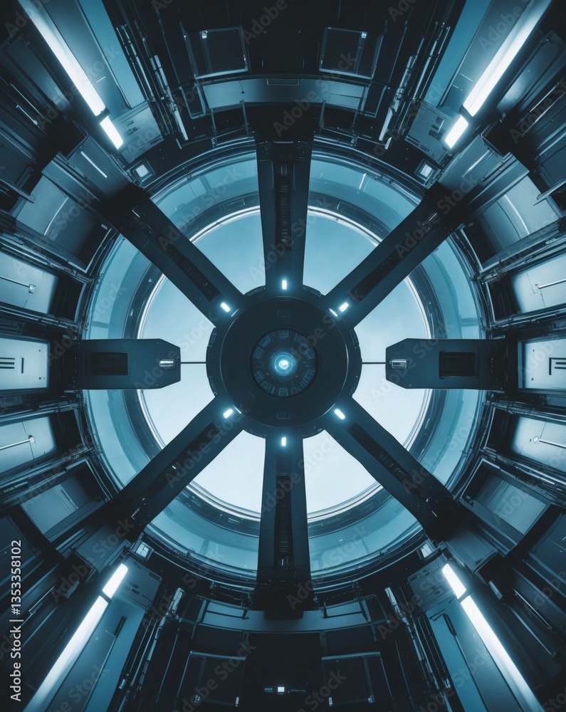 Poster an interior view of a futuristic space station with a circular design and advanced technological ele
