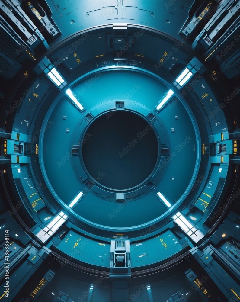 Poster futuristic spaceship interior, featuring a circular portal with bright neon lights, creating a sense of advanced technology and exploration