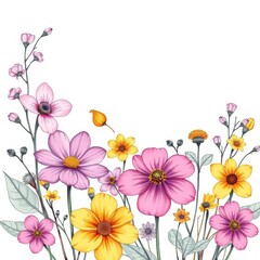 Fototapeta premium Pastel colored spring flowers and leaves sketched on a light background, delicate, drawing, bright