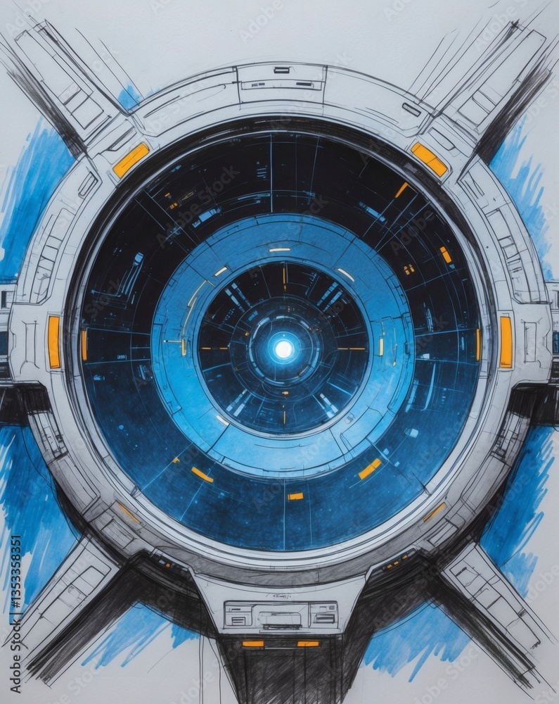 Poster an abstract illustration of a futuristic technological device. the design features circular elements
