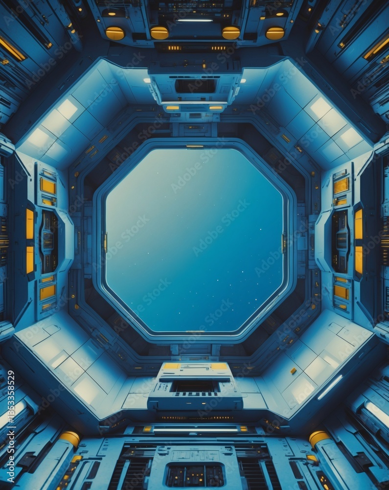 Poster a futuristic spaceship interior with a window looking out to the starry sky. the scene is rendered i
