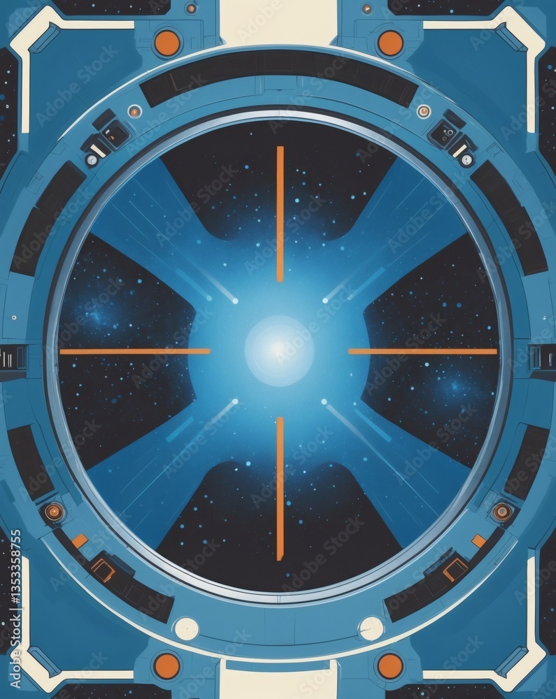 Poster view of outer space seen through a spacecraft window, filled with stars and a bright light in the ce