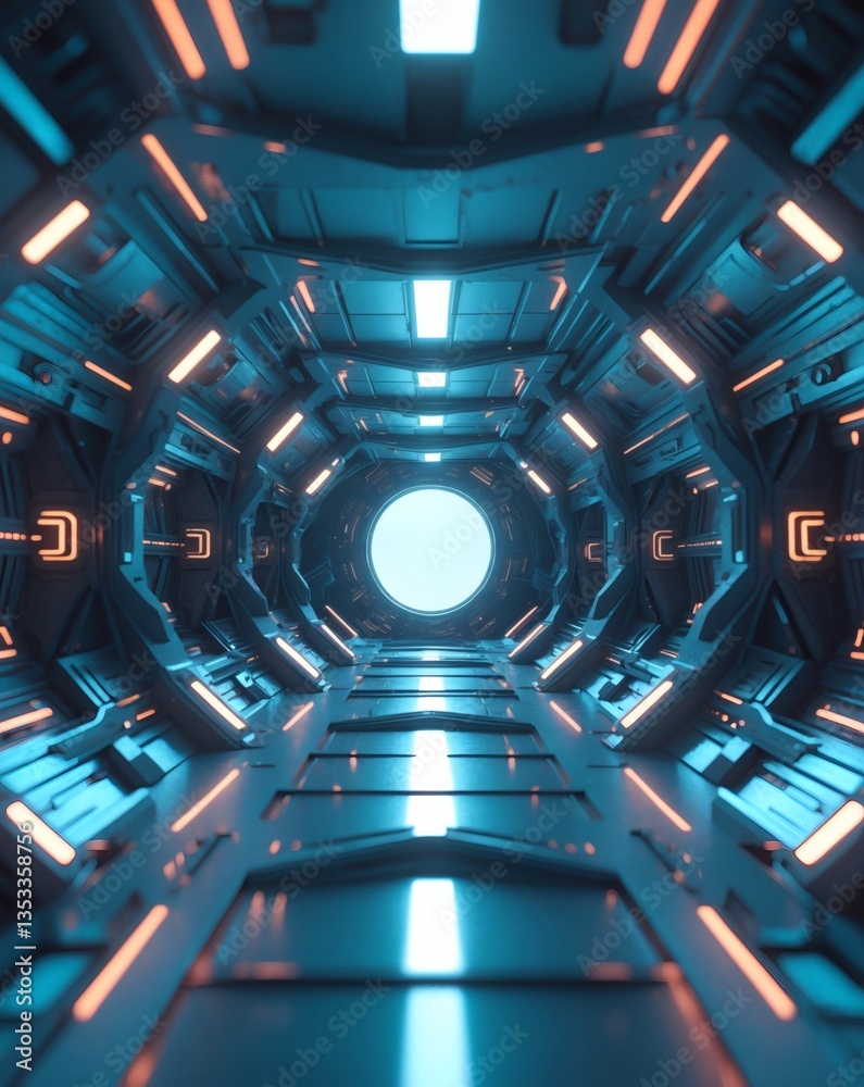Poster a futuristic space station corridor with a bright light at the end of the tunnel, showcasing a world