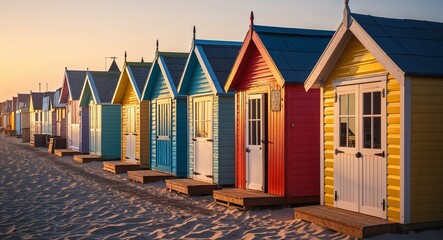 Row of colorful beach huts illuminated by soft morning sunlight