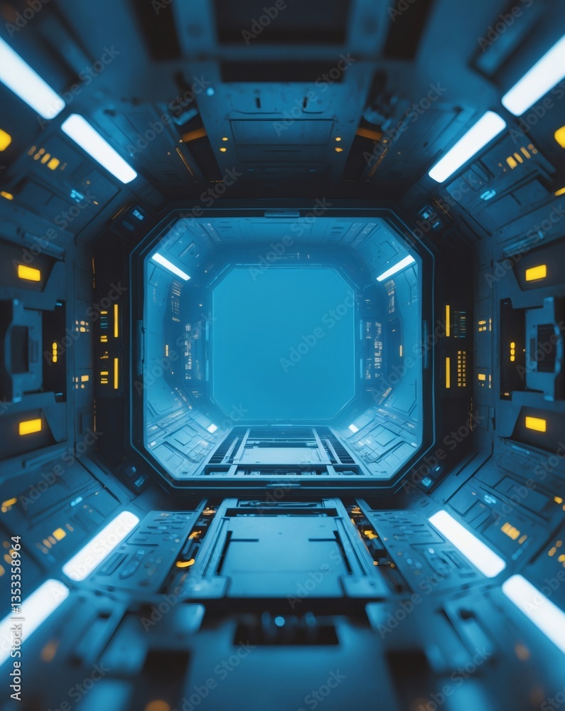 Poster a futuristic spaceship interior with a bright window at the end of the tunnel. the interior is a col
