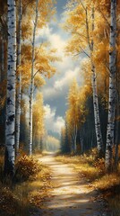 Obraz premium Golden Autumn Path Through Birch Trees