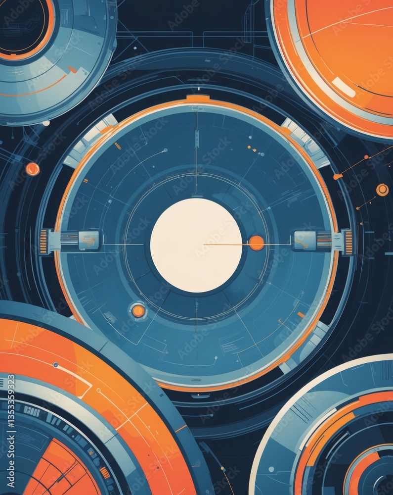 Poster abstract circular technology design with blue and orange colors. The design is futuristic, with a sense of innovation and progress. The circles are layered and interconnected