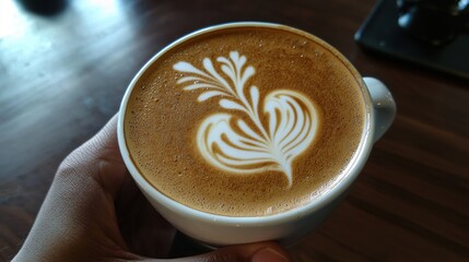 A hand holding a hot coffee cup with latte art on top