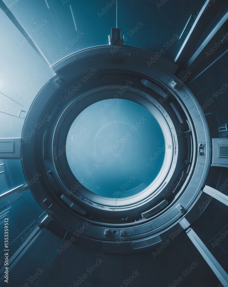 Poster an abstract illustration of a large, futuristic circular structure with a bright, light-filled center. The structure's metallic elements create interesting visual patterns and shapes.