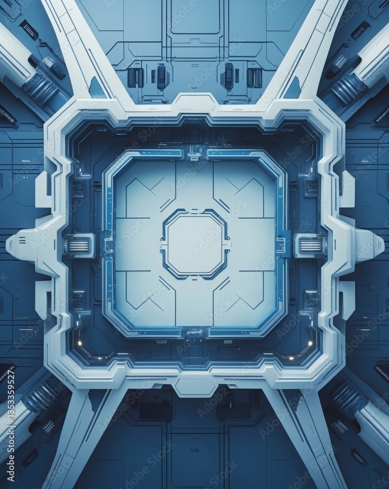 Aufkleber a futuristic architectural design, with complex geometric patterns in shades of blue and white. this