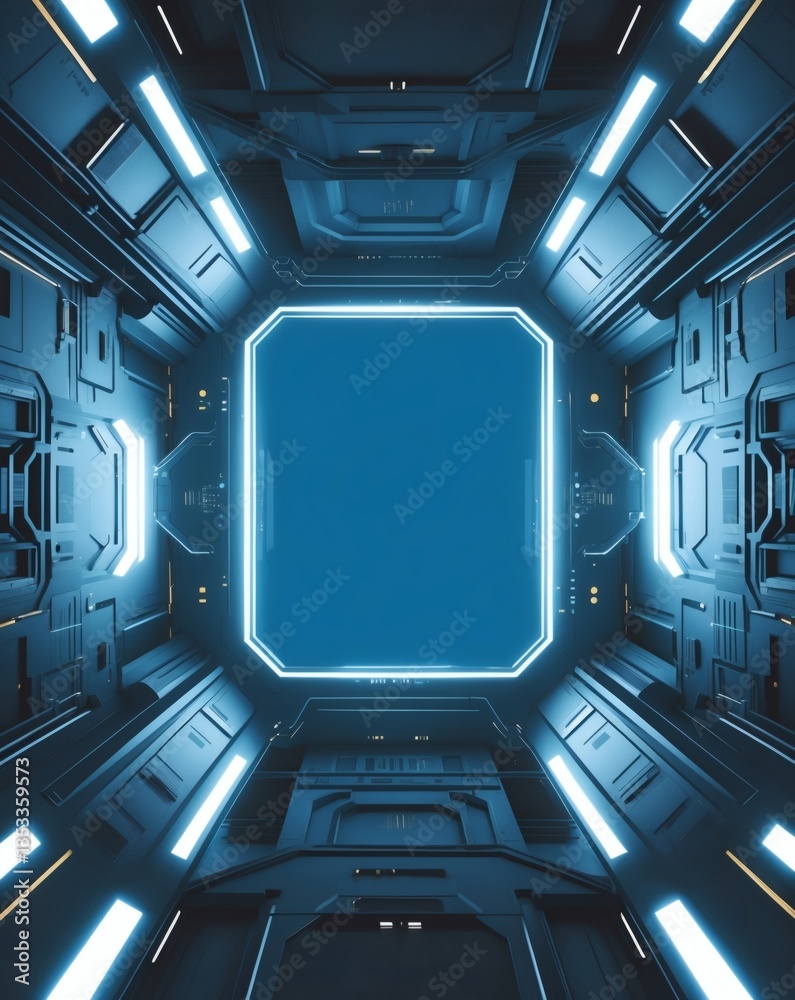 Poster an image of futuristic sci-fi interior, showing a geometric design and technological theme