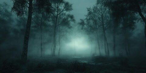 A dark and eerie forest shrouded in thick, mysterious fog with soft, glowing light in the distance