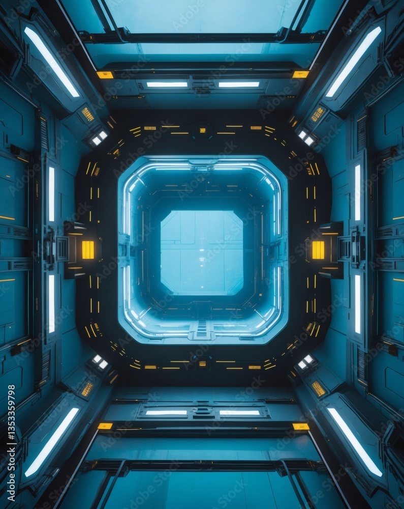 Poster an abstract and futuristic sci-fi tunnel with blue lights and geometric shapes. the corridor leads i