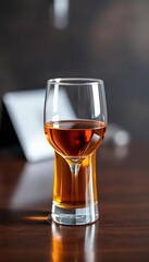 Small tasting glass filled with amber Scotch whisky, liquid, brown liquor
