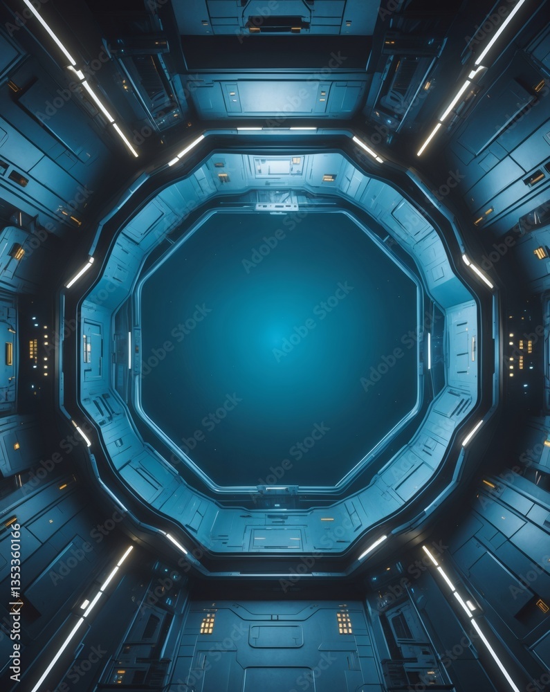 Poster an impressive interior design of a futuristic spaceship or spacecraft, with intricate details and co