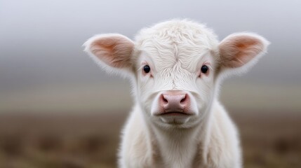 Fototapeta premium Adorable white calf in a misty field