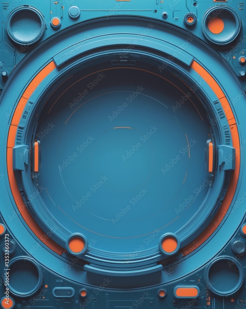 Poster a blue and orange metallic futuristic circular machine element. it has intricate details and a glowi