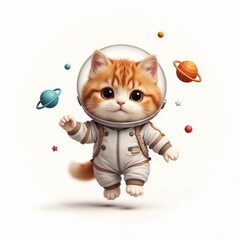 Cute ginger kitten in a space suit floating among colorful planets and stars in a whimsical cosmic setting