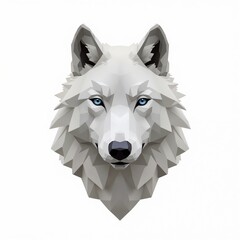 Detailed depiction of a white wolf head showcasing geometric shapes and striking blue eyes against a plain background