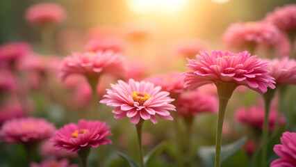 Obraz premium Pink Zinnia Garden Blooms with Sunlight Rays