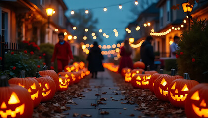 Obraz premium A spooky Halloween street party with carved pumpkins, costumes, and eerie glowing lanterns.