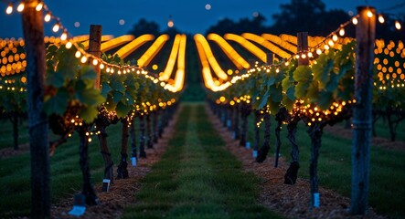 Obraz premium Scenic vineyard with glowing fairy lights during summer night event