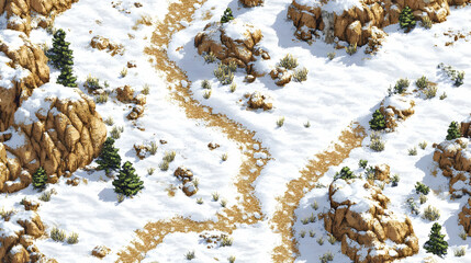 Pixelated Snowy Mountain Landscape With Trails