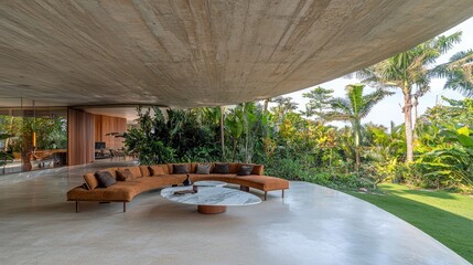 Fototapeta premium Stylish urban retreat with taupe-colored mod design tropical garden modern architecture serene atmosphere