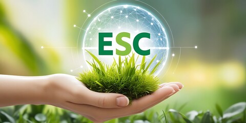 Sustainable development and environmental responsibility concept with "ESC" text inside a glowing green sphere above fresh grass in a human hand, symbolizing ESG principles and ecology.

