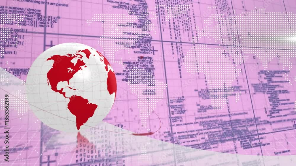 Poster animation of red and white globe over digital world map with coding elements