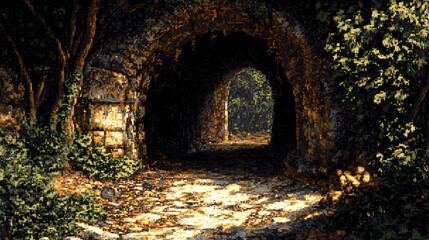 Pixelated Stone Tunnel Into Forest