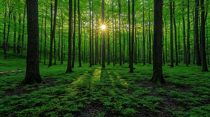 Obraz premium Sunlit Forest Scene Lush Green Trees Nature Photography