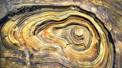 Abstract layered patterns resembling geological formations with rich colors.