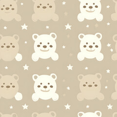 Cute pattern featuring cartoon bears and stars on a soft beige background.