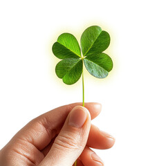 Hand holding a vibrant green four-leaf clover, symbol of luck and nature, close-up botanical element with soft yellow glowing outline, clipart on transparent background