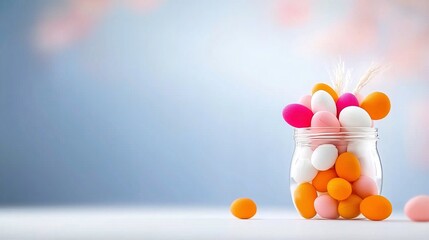 Colorful eggs in glass jar, spring theme