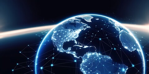 Glowing digital representation of Earth with a futuristic network of bright blue connections, symbolizing global communication, technology, data transfer, and worldwide connectivity.

