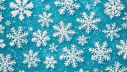 Minimalist Seamless Winter Snowflake Pattern Design in Teal Blue Background with Intricate White Snowflakes