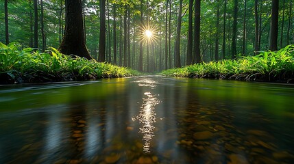 Obraz premium Sunlit Stream in Lush Green Forest