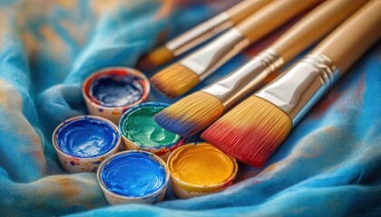 Fototapeta premium Vibrant Watercolor Paints Brushes Soft Fabric Texture Modern Still-Life Photography Creative Arts Crafts Inspiration