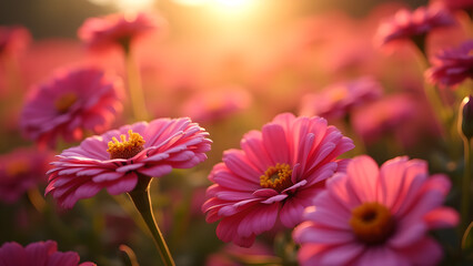 Obraz premium Pink Zinnias in Golden Light Field Blossom