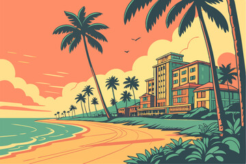 Obraz premium Tropical beach with palm trees and sea - summer resort at sunset