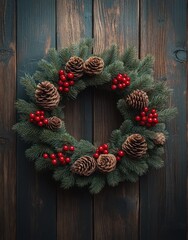 Rustic Christmas Wreath with Pine Branches Red Berries and Pinecones